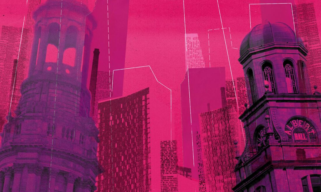Illustrated Manchester skyline in Mill pink